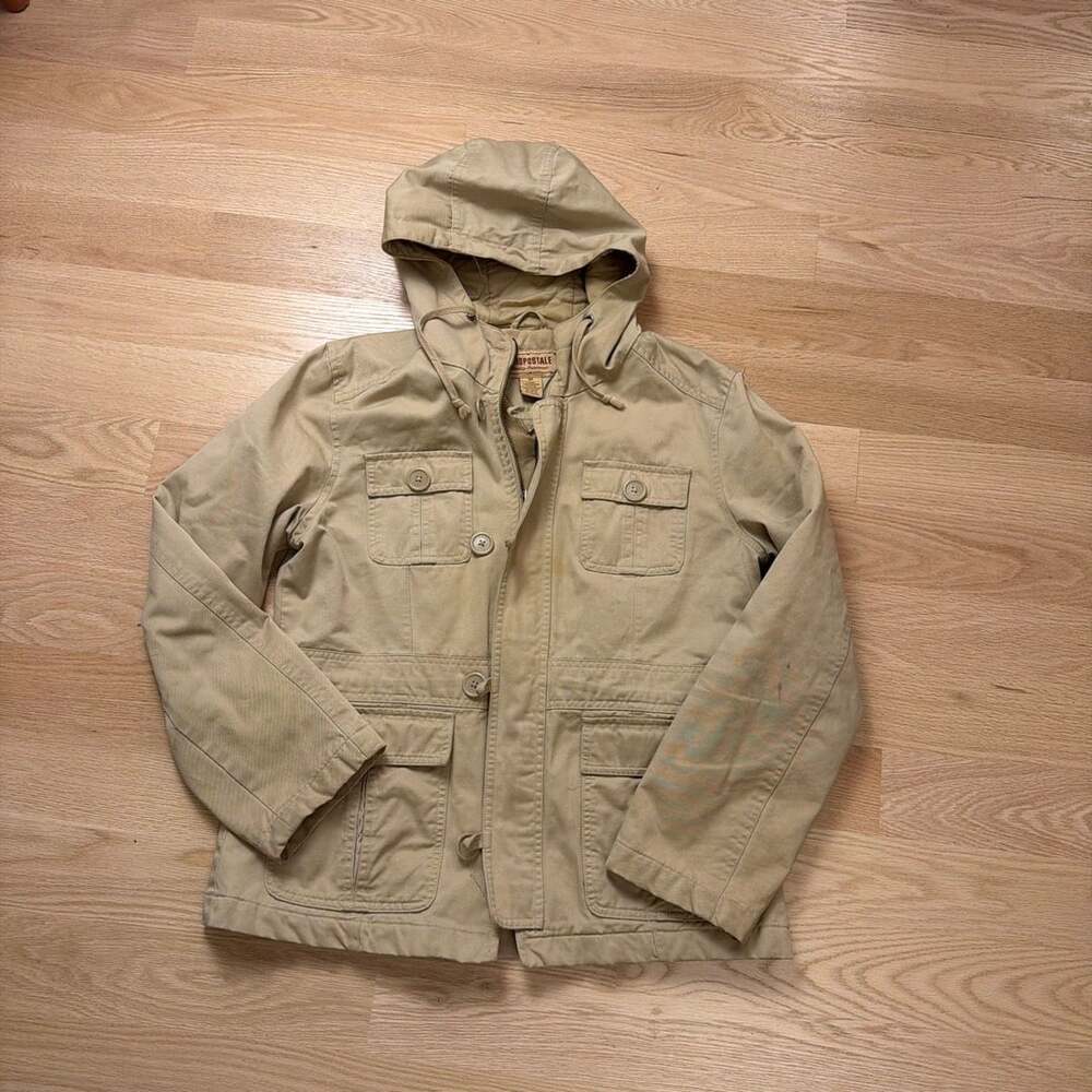 Aeropostale Hooded Utility Jacket Size M Tan Cotton Quilted Lined